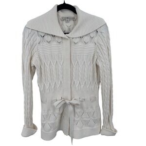 Tommy Hilfiger Womens Y2K Cable Knit Cardigan Sweater Cream Coquette Bow Tie Med